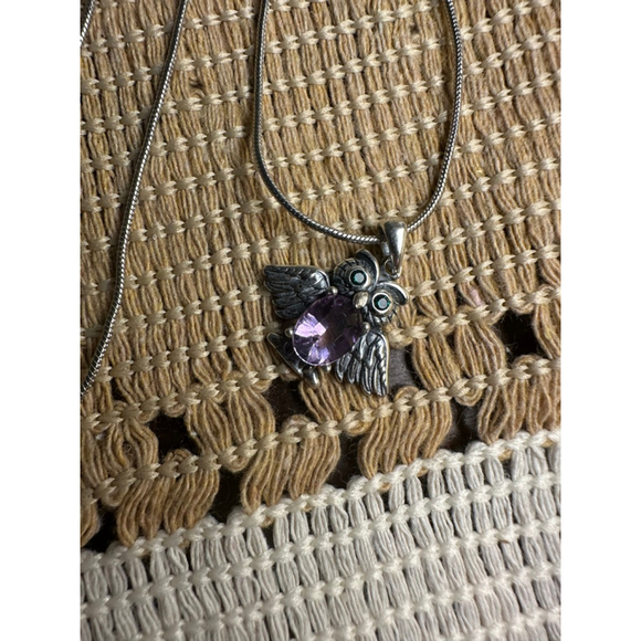 Silver and Amethyst Owl Pendant on Stainless Steel Chain - Picture 7 of 8